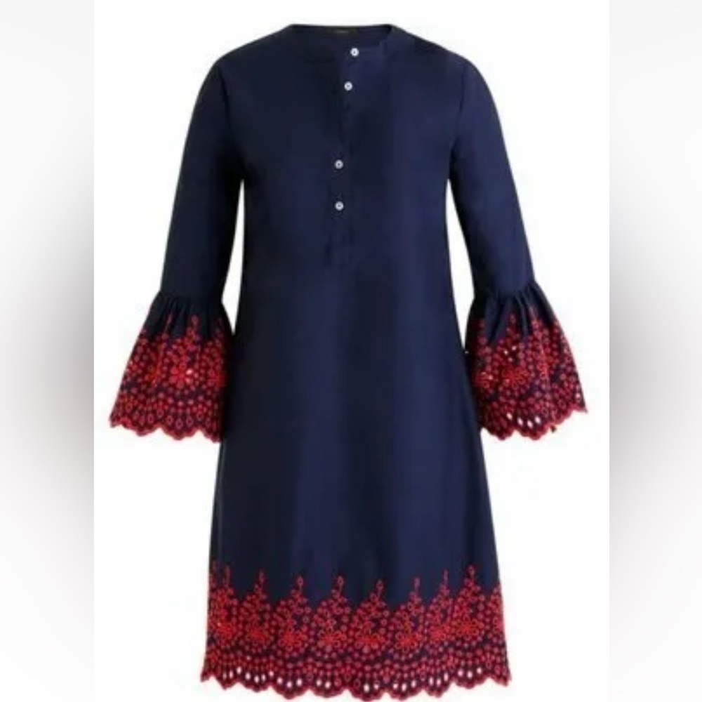 J. Crew dark blue red eyelet embroidered 1/4‎ buttoned split colllar dress Sz S